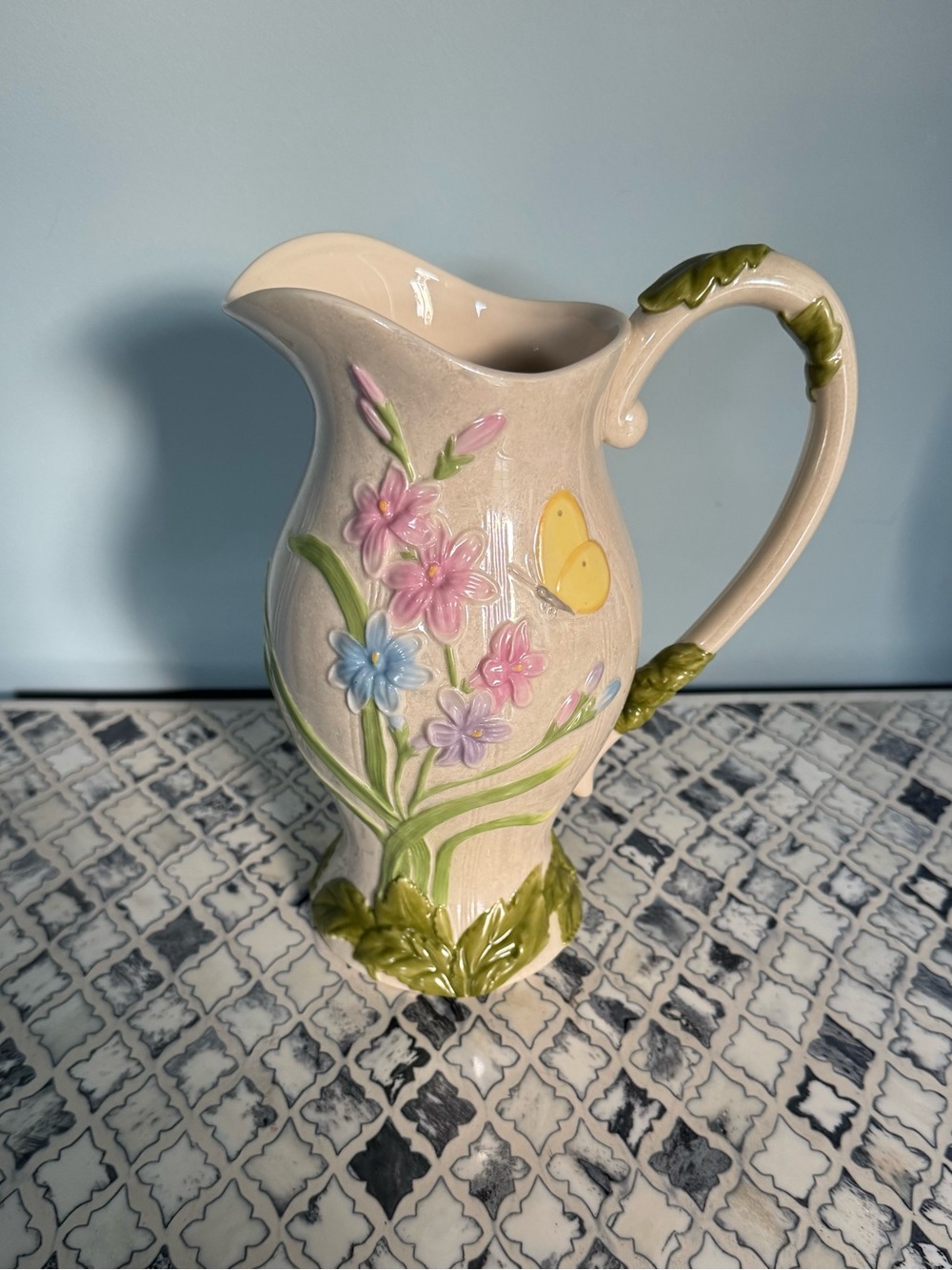 Lenox Cream Ceramic Pitcher with Pastel Flowers and Yellow Butterfly